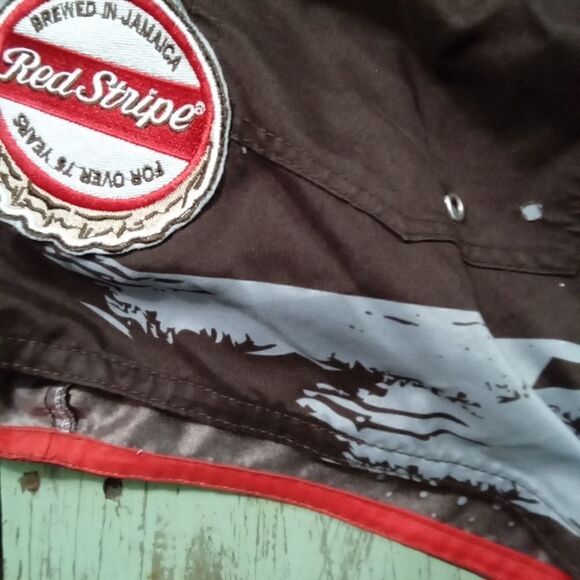 Red Stripe Men's Boardshorts Swimsuit Brown Red White Size 38 Waist Velcro - Picture 10 of 14